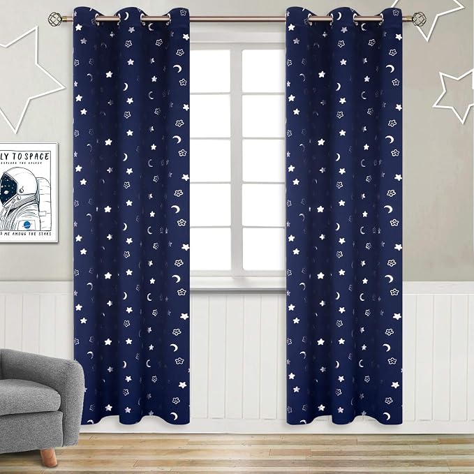 BGment Kids Curtains for Bedroom 84 Inch Length 2 Panels Set, Star and Moon Blackout Curtains for Boys Room Decor, Nursery Thermal Insulated Room Darkening Curtains with Grommet, 42 Wide, Navy Blue