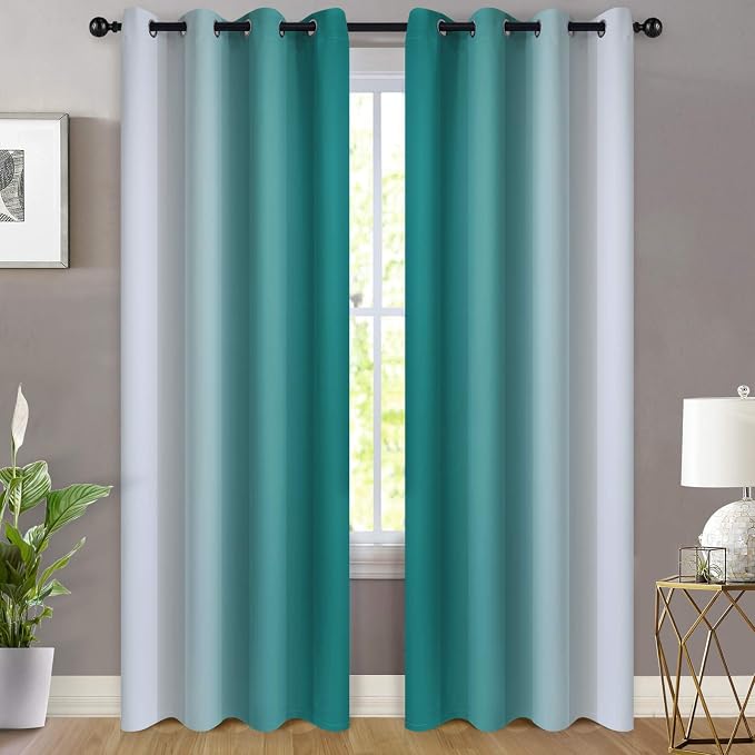 Yakamok Ombre Curtains Teal and Greyish White for Living Room,52Wx84L | Room Darkening Curtains 84,Thermal Insulated Gradient Color Drape,Light Blocking Grommet Window Curtains for Bedroom,2 Panels