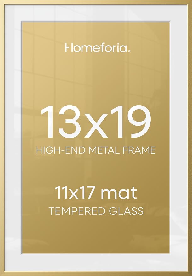 Homeforia 13x19 Picture Frame Gold, High End Metal 13x19 Poster Frames with Mat 11x17 Photo, 13 x 19 Gold Frames Matted to 11 by 17 Print, 19x13 Thin Hanging Frames, Tempered Glass, Wall Kit, Set of 1