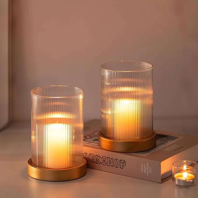 Glasseam Hurricane Glass Candle Holder: Gold Pillar Candle Holders Set of 2 Ribbed Glass Cylinder Covers with Metal Candle Tray Modern Candle Holders for Table Centerpiece Living Room Decorations