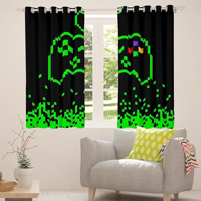 Castle Fairy Video Games Blackout Window Curtain,Miner Pixel Games Window Treatment Curtains,Teens Men Neon Green Block Building Bedroom Curtains Modern Black Living Room Decor Top 2 Panels,52Wx96L