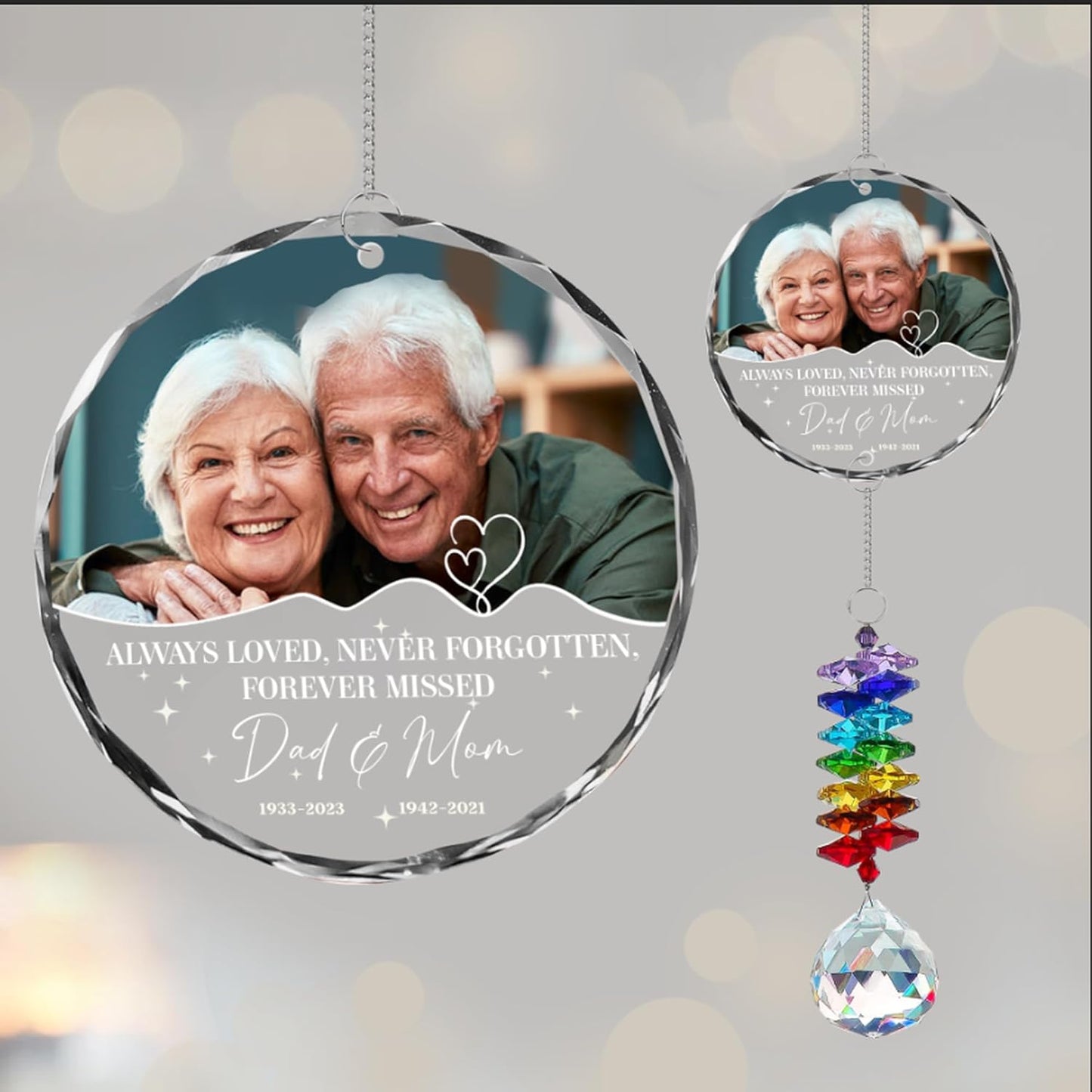 Personalized Memorial Ornament for Dad & Mom – Custom Photo Suncatcher with Names & Dates – Always Loved Never Forgotten – Loss of Parents Christmas Ornament – Remembrance Gift for Family