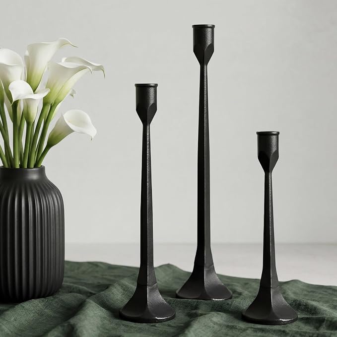 Black Iron Taper Pillar Candle Holders Set of 3, Candlestick Holders Rustic Vintage Decorations, Tall Candle Stand for Home Decor Mantle Dining Coffee Table Outdoor Wedding-11.8"+13.8"+15.4"