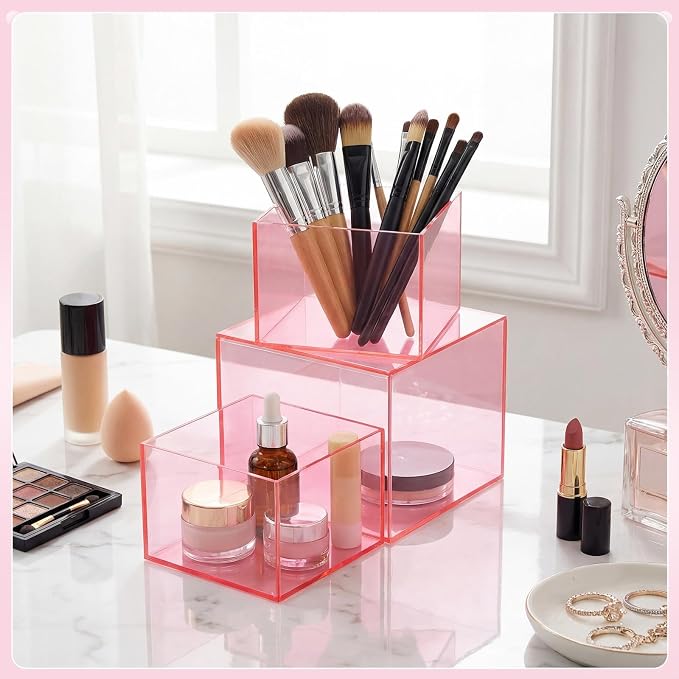 Geelin 6 Pack Acrylic Risers for Display Acrylic Cube Boxes Risers Display Stands with Hollow Bottoms Decorative Stand for Jewelry Candy Table Decor 6 Sizes(Clear Pink,3 to 8 Inch,Square)