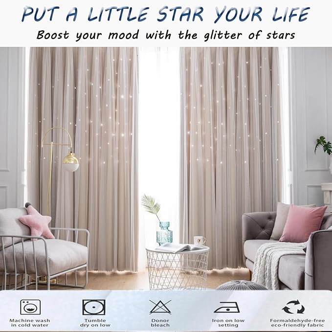Beige Star Blackout Curtains for Bedroom, Boho Curtains, W52X L63 | 1 Panel Beige Thick Grommet Top Star Cutout Curtains, Double Layer Window Treatments, Aesthetic Living Room Decor