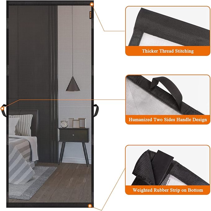 MAGZO Hanging Screen Door, Fits Door Size 28" x 80" (Curtain Size 30'' x 81''), Upgraded Fiberglass Mesh Net with Tension Rod&Hook&Loop (One Piece Can be Installed in 2 Ways), Weighted Bottom, Grey