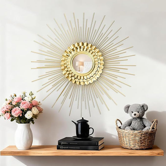 Wall Decor Metal Sunburst Mirror for Living Room - Home Accent, Ready to Hang Bedroom Decoration