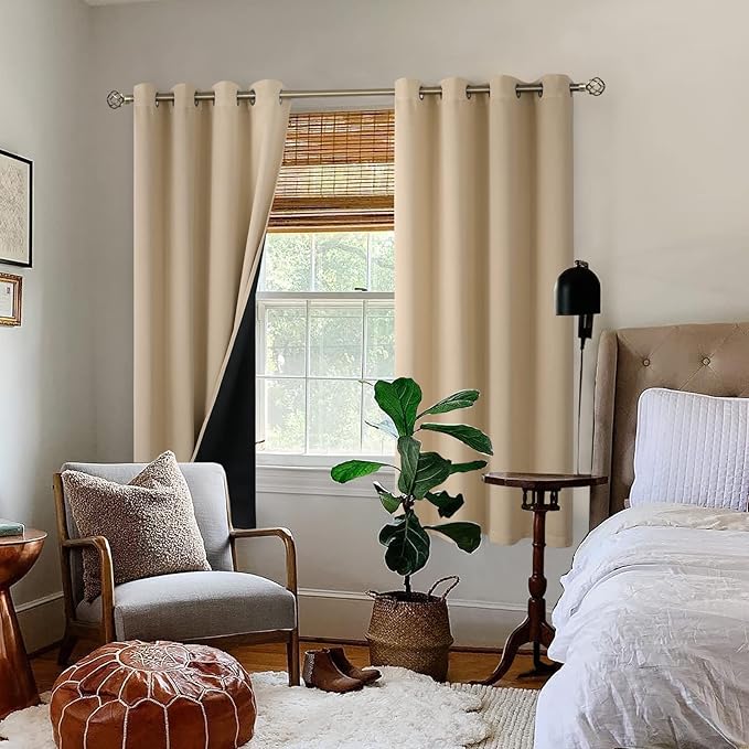 BGment Thermal Insulated 100% Blackout Curtains for Bedroom with Black Liner, Double Layer Full Room Darkening Noise Reducing Grommet Curtain (55 x 69 Inch, Beige, 2 Panels)