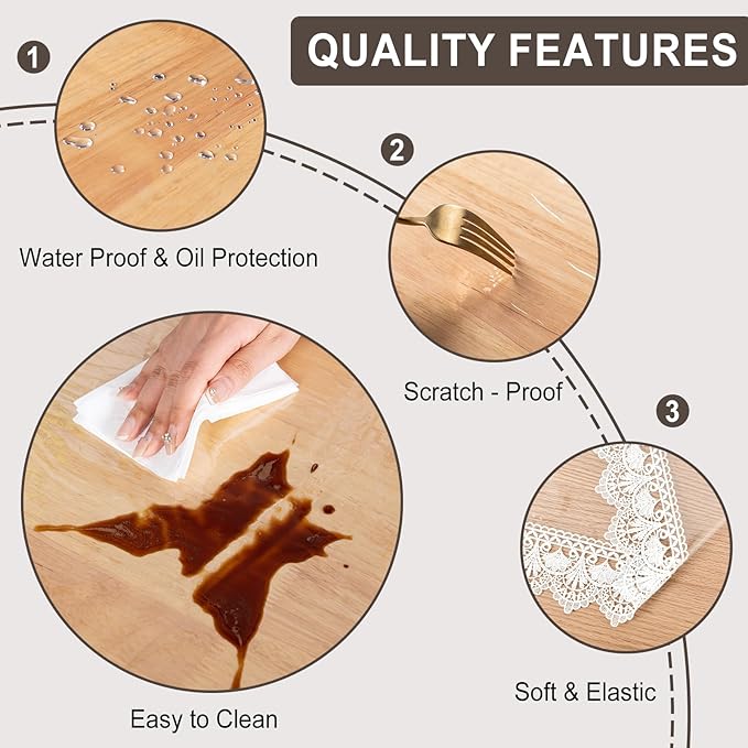 JIUZHEN Clear Vinyl Tablecloth Protector, Waterproof/Oil-Proof, Transparent Lace Trim Table Cloth for Dining, Easy Wipe Clean, Plastic Square Transparent Sheet Table Cover, 54"x54"
