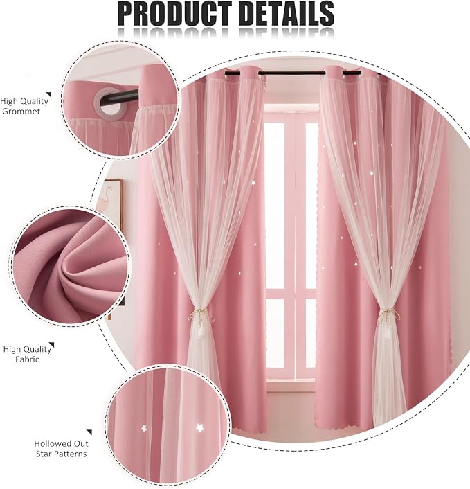 Cute Star Blackout Curtains for Girls Bedroom, Princess Curtains, W52X L63 | 2 Panels Blush Pink Thick Grommet Top Star Cutout Curtains, Double Layer Nursery Kids Curtains, Aesthetic Living Room Decor