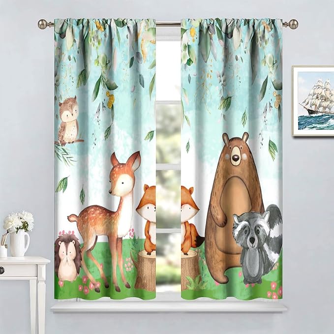 YCness Kid Forest Woodland Animal Fox Elk Bear Watercolor Print Curtains for Nursery Bedroom Living Room, Rustic Safari Wild Animal Blackout Window Drapes 2 Panel Set, 42x63 Inch
