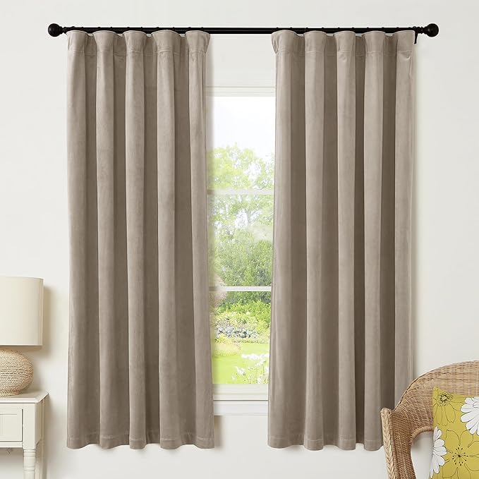 RYB HOME Camel Beige Velvet Curtains for Bedroom Living Room, Thermal Insulated Privacy UV Heat Blocking Luxurious Drapes for Nursery Dining Room, 52"W x 80"L, 2 Panels, Rod Pocket/Back Tab/Hook Belt