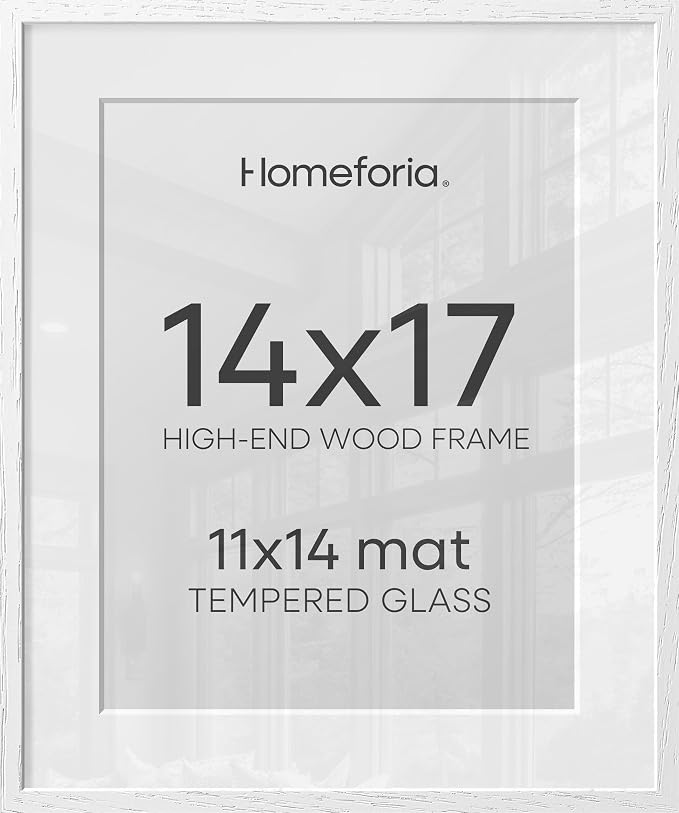 Homeforia 14x17 Picture Frame White, High End Oak 14x17 White Wood Frame with Mat 11x14 Photo, 14 x 17 Wooden Poster Frames Matted to 11 by 14, 17x14 Hanging Frames, Tempered Glass, Wall Kit, Set of 1