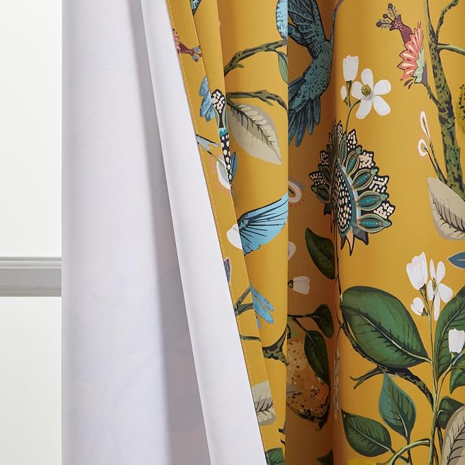 Topfinel Sliding Door Patio Floral Curtains & Drapes, Blackout Extra Wide Room Divider Large Mustard Yellow Vintage Farmhouse Country Hummingbird Patterned Grommet Curtains 1 Single Panels W100 x L84