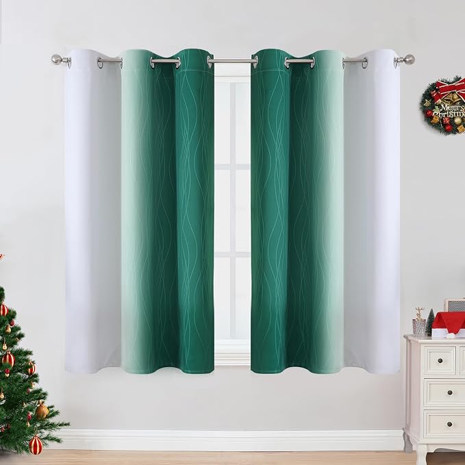 Estelar Textiler Green and Greyish White Ombre Blackout Curtains 45 Inch Length 2 Panels, Full Room Darkening Gradient Drapes for Bedroom, Thermal Insulated Grommet Short Curtains for Bathroom,42Wx45L