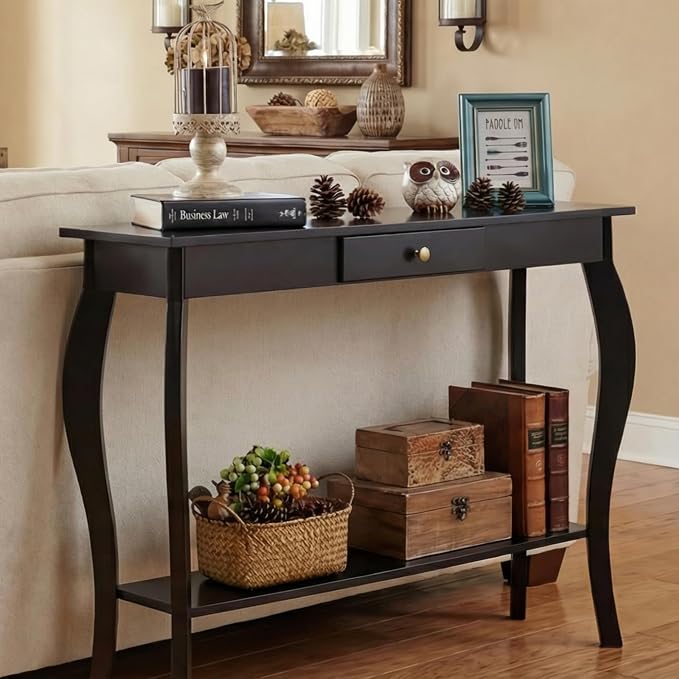 ChooChoo Narrow Console Table with Drawer, Chic Accent Sofa Table, Entryway Table, Black