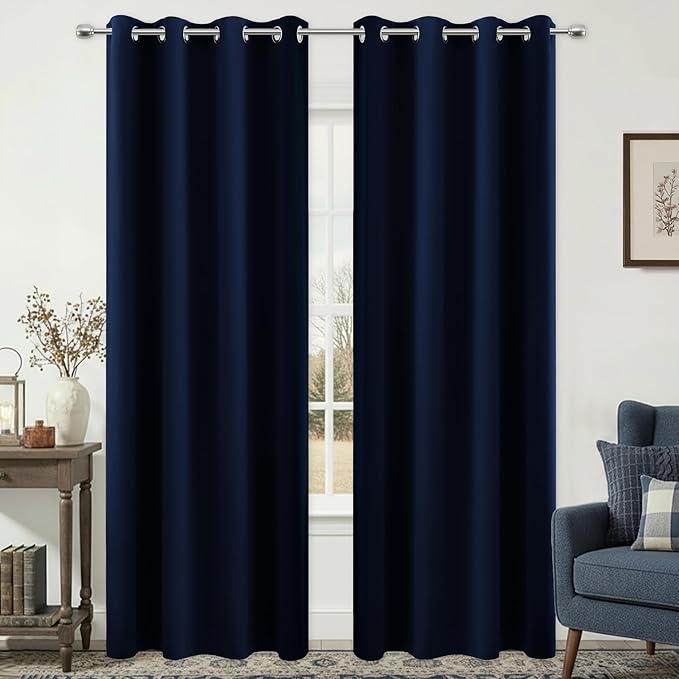 KOUFALL Navy Blue Drapes 96 Inch Long 2 Panels Window Treatments Curtains,Blackout Grommet Room Darkening Thermal Microfiber Silk Curtains for Living Room,Dark Indigo