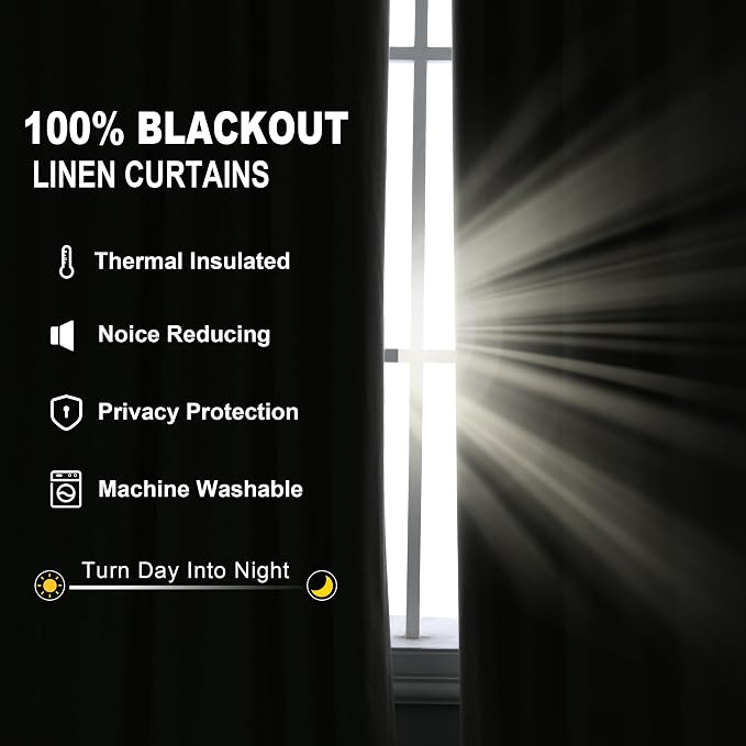 Jowels Black Linen Blackout Curtains 102 Length 2 Panels Set for Living Room Bedroom, 100% Black Out Thermal Insulated Linen Drapes, Room Darkening Grommet Curtains 102 Inches Long