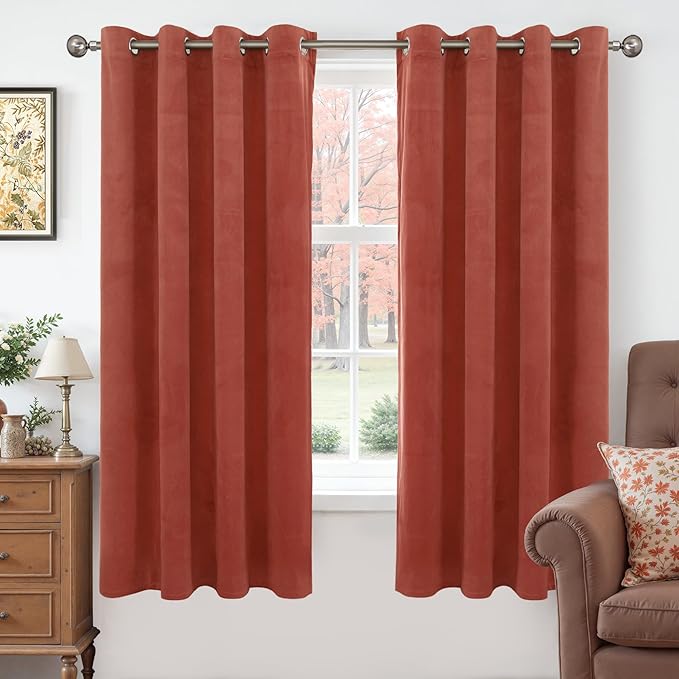 YoungsTex Rust Terracotta Velvet Curtains 63 Inch Length 2 Panels for Fall Living Room, Burnt Orange Thermal Insulated Window Drapes with Grommet Privacy for Bedroom, 52 X 63 Inch