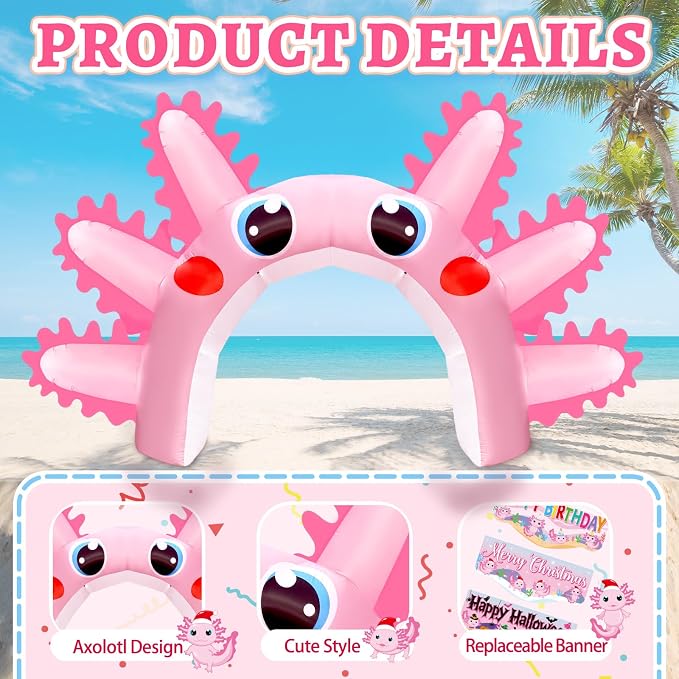 10x16FT Axolotl Inflatable Arch, Giant Pink Axolotl Birthday Party Backdrop Outdoor Yard Cartoon Archway Blow-Up Axolotl Decoration with 1Blower 3Banners for Summer Beach Pool Party Supplies