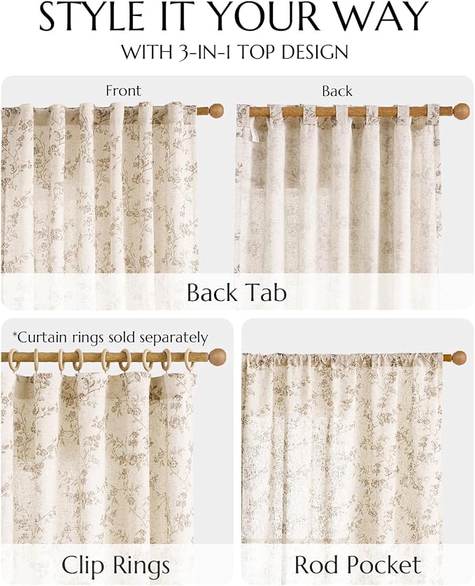 jinchan Taupe Floral Linen Curtains 63 Inch Farmhouse Back Tab 2 Panels | Flower patterned drapes, french country, light filtering, semi sheer, printed, bedroom, living room, office, window treatment