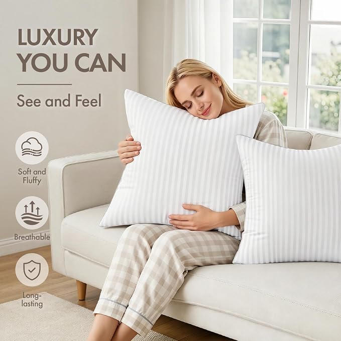 MIULEE 22x22 Throw Pillow Inserts Set of 2 Firm and Fluffy Decorative Throw Pillows for Couch Sofa Bed 100% Virgin Microfiber with Cotton Cover
