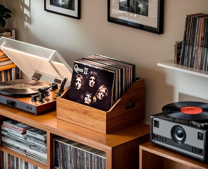 Wood Vinyl Record Storage, Retro & Durable Vinyl Crate and Record Holder, Album Storage Record Case Box for 60+ Records, Perfect Record Organizer for Home Decor and Collection Display(Brown)