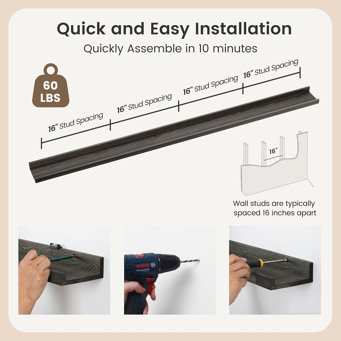 Picture Ledge Shelf, Floating Shelves Set of 2, Solid Pine Wood 72'' Long Large Nursery Book Shelves for Toys Storage, Kids Bookshelf for Living Room Bedroom Decor Books Photo Frames, Grey