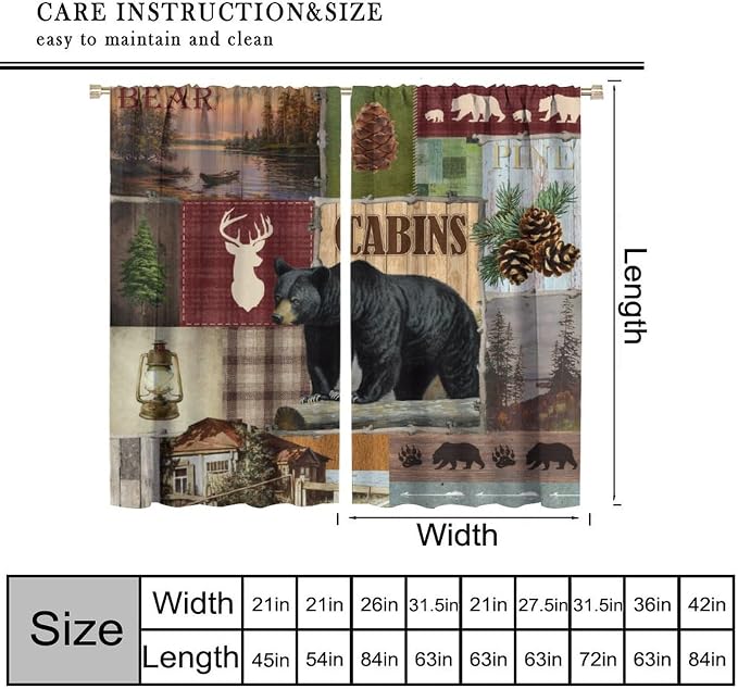 Vintage Bear Blackout Curtains Countryside Mountains Farmhouse Forest Hunting Lodge Lake Pine Cones Wild Deer Bear Animals Windows Treatments Rod Pocket for Kitchen Living Room Bedroom 42x45in