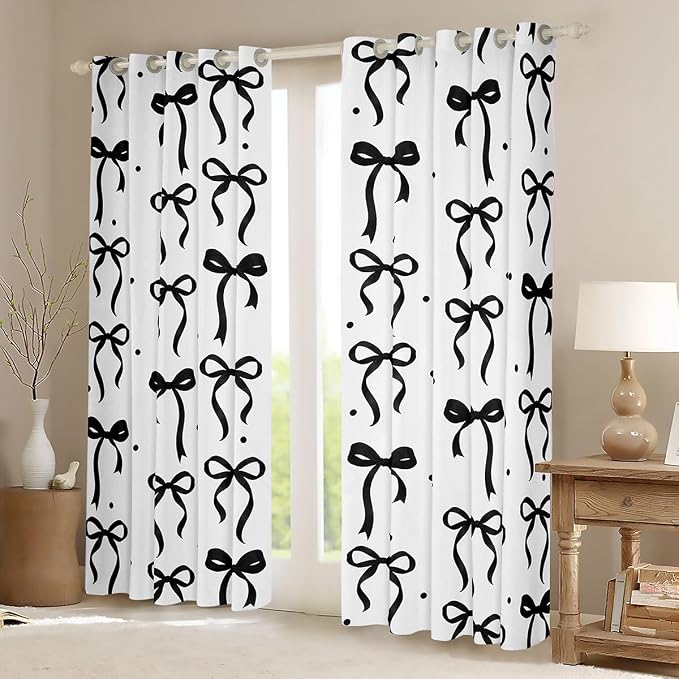 Feelyou Girls Bow Curtains for Bedroom Living Room Black White Bowknot Blackout Darkening Drapes Coquette Aesthetic Window Treatments, 2 Panels 38 x 45 Inch Kawaii Cute Princess Style Room Decor