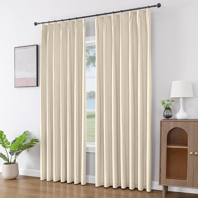 Joydeco 100% Blackout Pleated Curtains, Linen Window Curtains 2 Panel Sets 108 inches Long, Thermal Insulated Darkening Drapes for Bedroom(Bleached Sand,40'' Wx108'' L)
