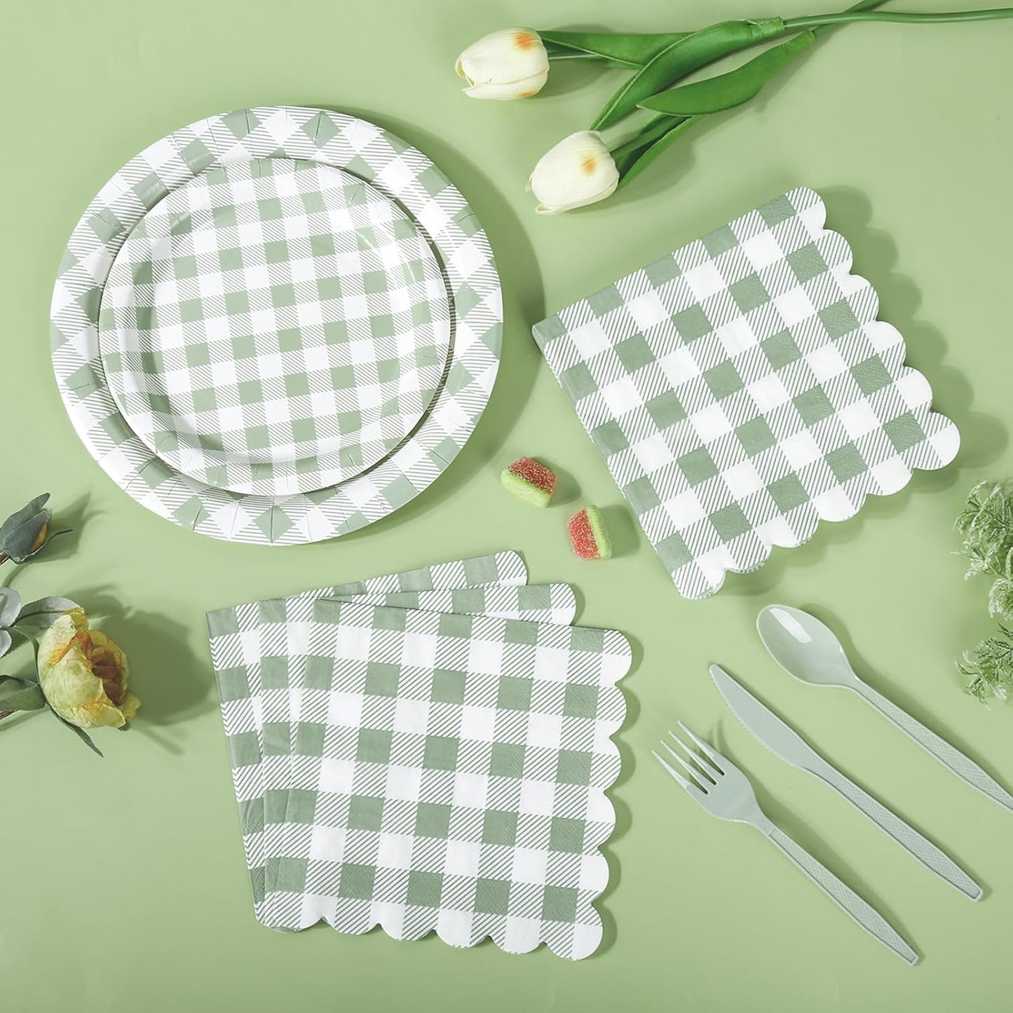 200Pcs Sage Green Gingham Party Supplies Gingham Paper Plates and Napkins Cups Sage Plaid Plates Disposable Green and White Plaid Party Decor for Birthday Family Picnic BBQ,Serves 50 Guests