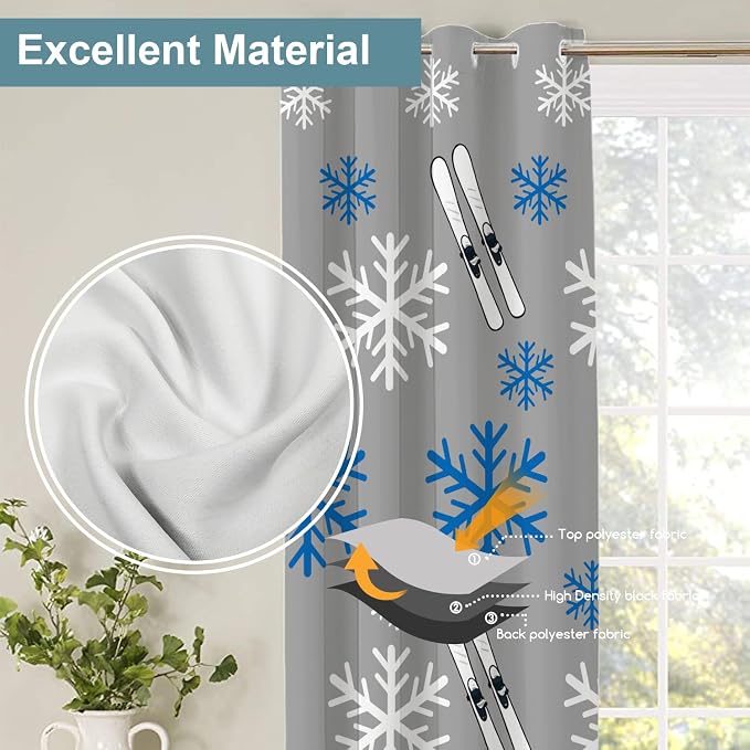 Shrahala Snowflakes Skis Blackout Window Curtains, Winter Sports Themed Pattern Thermal Insulated Curtains Grommet Long Drapes for Bedroom,Living Room (2 Panels, 52 X 63 in)