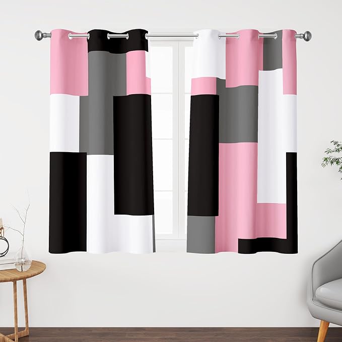 Tyrot Pink 100% Blackout Curtains 45 inch Length 2 Panels Set White Grey Modern Abstract Geometric Drapes for Kitchen Black Out Curtains Insulated Room Darkening Small Window Curtains, 42Wx45L