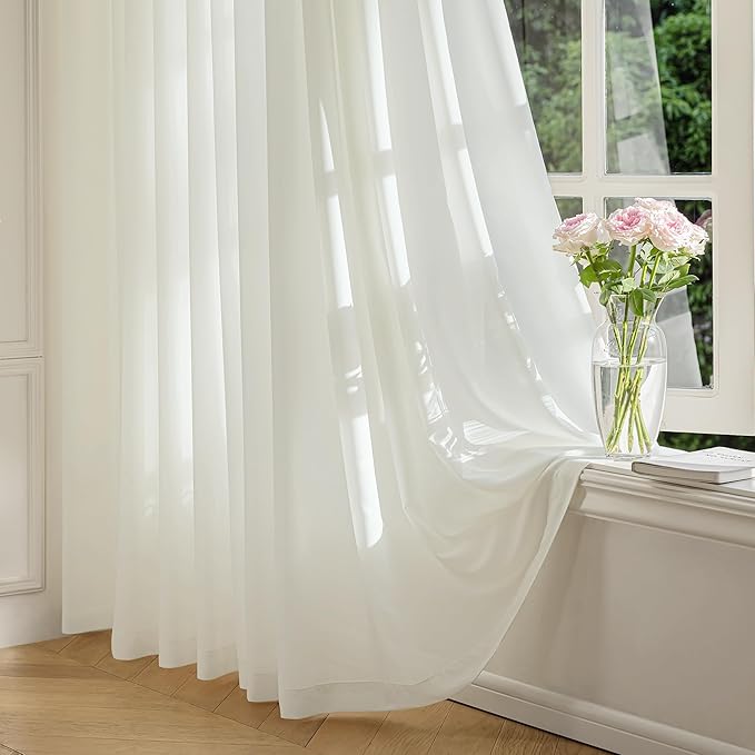 FMFUNCTEX Sheer Non-See-Through Netural Beige Curtains for Bedroom, Faux Silk that Let Light Curtains 45 inches Long Light Filtering Privacy Sheer Drapes for Living Room, Rod Pocket 2 Panels Set