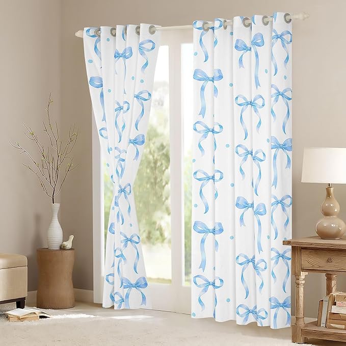 Feelyou Girls Bow Curtains for Bedroom Living Room Blue Bowknot Blackout Darkening Drapes Coquette Aesthetic Window Treatments, 2 Panels 52 x 84 Inch Kawaii Cute Princess Style Room Decor