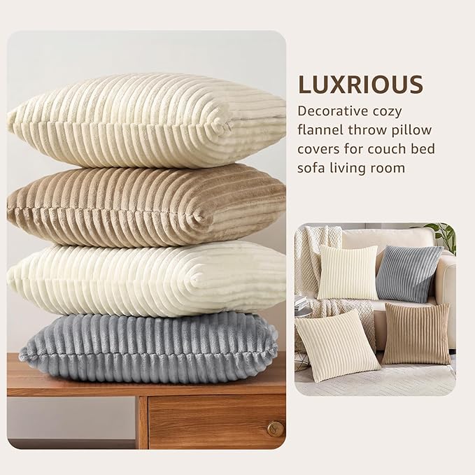 decorUhome Set of 4 Flannel Throw Pillow Covers 16x16 Inch, Spring Decorative Soft Double-Sided Fluffy Couch Pillow Covers, Farmhouse Neutral Pillow Cases for Sofa Living Room (Beige/White)