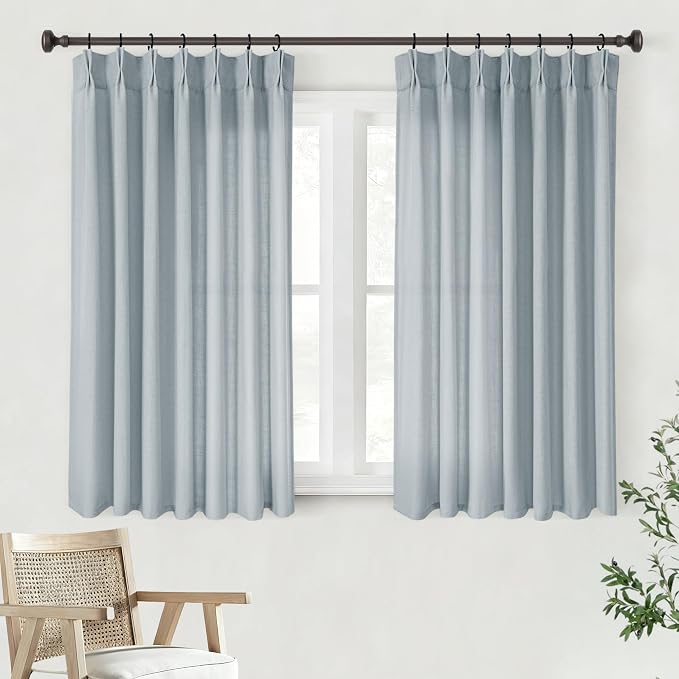 Greyish Blue Pinch Pleated Linen Curtains 45 Inch Length 2 Panels for Living Room Bedroom Textured Semi Sheer Drapes Pinch Pleat Rings Window Curtain 40x45