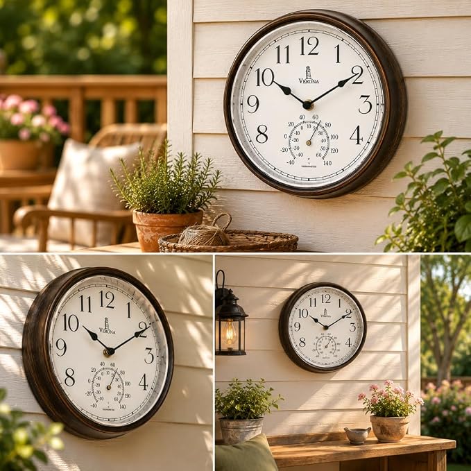 Outdoor Clocks for Patio Waterproof with Thermometer — 9.5 Inch Indoor Outdoor Wall Clock with Temperature Display — Weatherproof, Accurate & Easy to Read for Pool, Garden & Home Decor