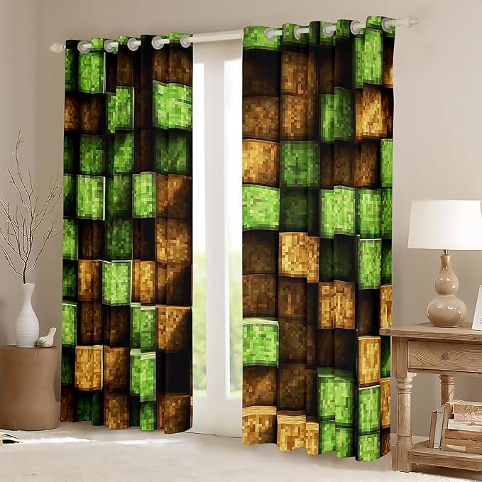 Castle Fairy Pixel Block Window Curtain,Green and Brown Square Plaid Blackout Window Treatment,Teens Woman Men Miners Gaming Bedroom Curtains Video Games Living Room Decor Top 2 Panels,52Wx90L