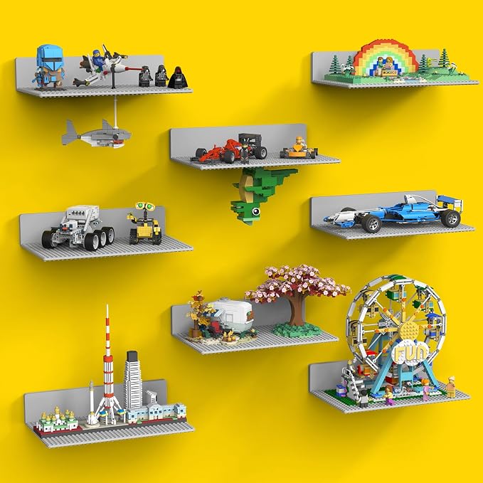 BlissBox 8-Pack Display Shelves for Wall Compatible with Lego Building Bricks, 11.3x6.3inch Dual‑Sided 36x20 Studs for Toy Brick Storage and Display, ABS Display Shelves for Room Decor, Gray