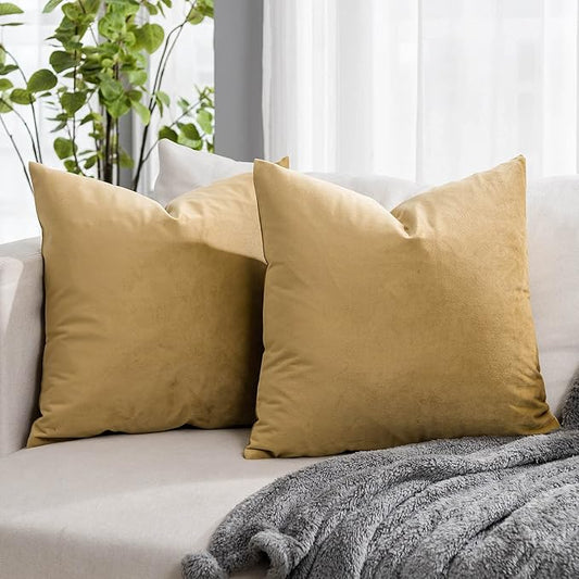 Khaki Soft Velvet Throw Pillow Covers 28x28 inch Set of 2 for Sofa Couch Bed Living Room Decorative Luxury Solid Square Cushion Covers Case with Zipper