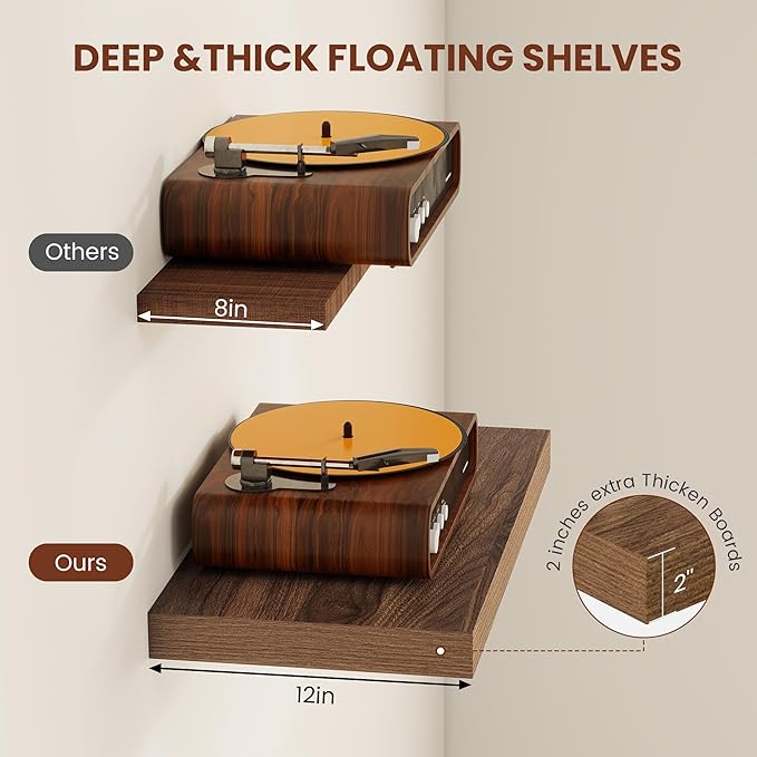 Vivelove Wide Floating Shelves for Wall 12 Inch Deep, 12" X 12" X 2" Floating Shelf, 2 Inch Thick Shelf for Living Room Bathroom Bedroom Kitchen Book Room, Rustic Farmhouse Decor Set of 2, Walnut