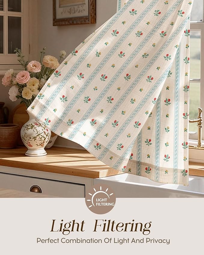 Miss Adola Farmhouse Kitchen Tier Curtains - 30 Inch Length Linen Blend Boho Cafe Curtains Blue Floral Small Window Treatments Over Sink Rod Pocket for Bathroom Living Room Light Filtering, 2 Panels