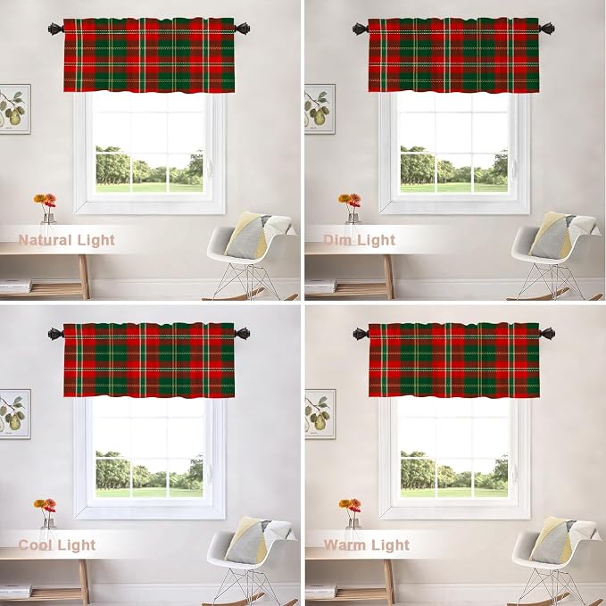 Shrahala Red Green Checkered Blackout Short Curtains for Windows, Red Green Black Yellow Check Plaid Kitchen Valance Thermal Insulated Rod Pocket Window Treatment for Bathroom 2 Pack 52 X 18 in