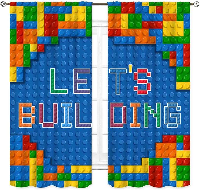 Kids Boys Curtains for Bedroom, Colorful Building Blocks Plastic Brick Pattern Abstract Contour Printed Blue Blackout Drapes for Boys Room Living Room Nursery Party Decor, 42"x63" Inch