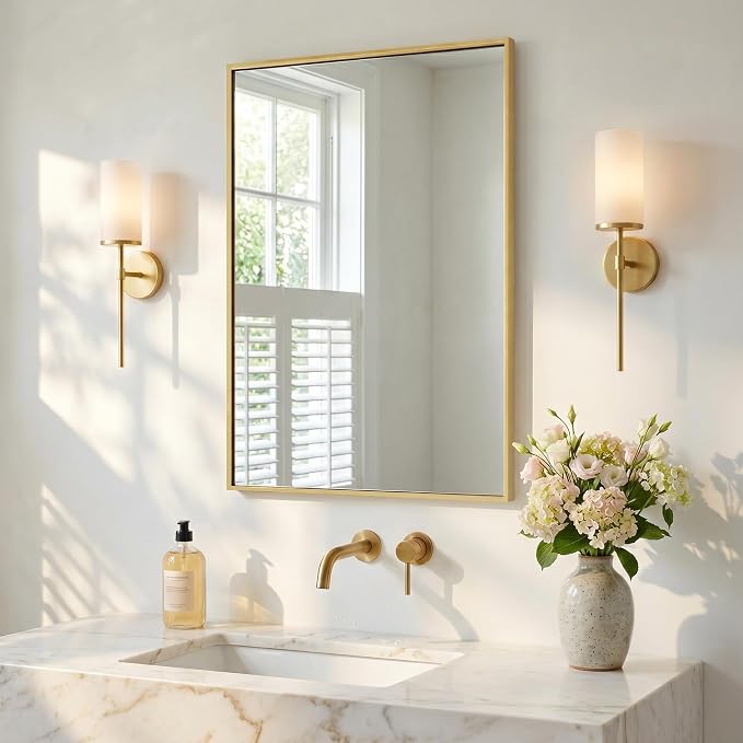 24"x36" Satin Gold Framed Rectangle Bathroom Vanity Wall Mirror | Over-Sink Vanity Mirror, Slim Metal Frame, Entryway or Dresser Use, Vertical/Horizontal Mount, Tempered Glass