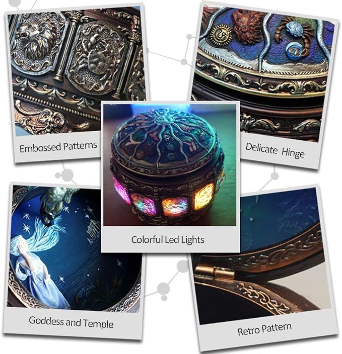 Briskfeel Vintage Music Box with Constellations Rotating Goddess LED Lights Twinkling Resin Carved Mechanism Musical Box with Sankyo 18-Note Wind Up Signs of The Zodiac Gift for Birthday (Upgraded)