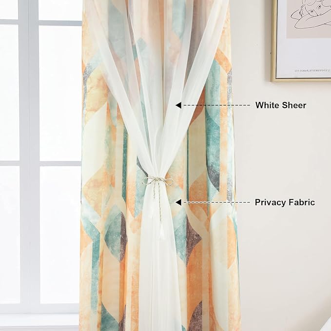 Leeva Room Darkening Curtains with Sheer Overlay, Double Layer Orange Drapes 84 Inch Length, Linen Textured Geometric Drapery Panels Set for Bedroom, Grommet Top, 52" x 84"