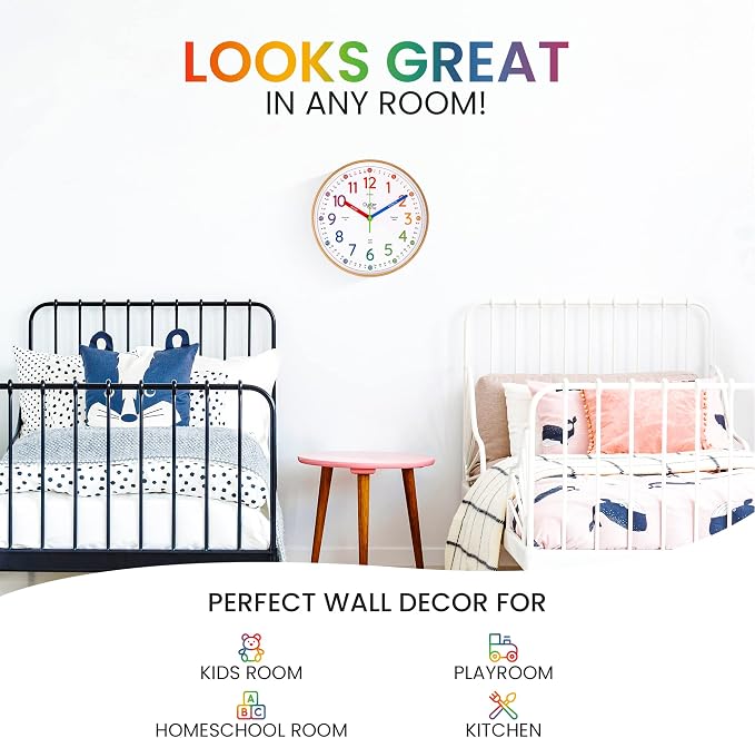 Oyster&Pop Kids Clock - Silent 10" Analog Clock, Learning Wall Clocks - Award-Winning Telling Time Teaching Clock for Kids - Bedrooms Homeschool & Classrooms - Includes eBook
